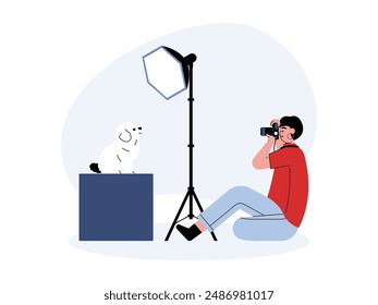 Cute dog photoshoot inside female photographer's private photo studio, vector illustration.