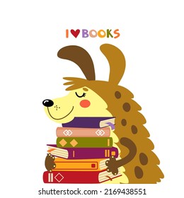 Cute dog with a pile of books. Funny puppy hugs books, he likes reading. Happy doggy is reader. Cartoon animal, cheerful pet. Hand drawn vector illustration for kids, isolated on white. Flat design 