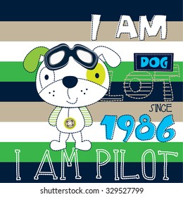 cute dog pilot with glasses on striped background, T-shirt design vector illustration