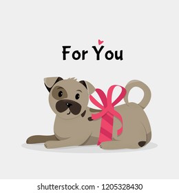 Cute dog with pink ribbon. Vector illustration.