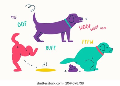 Cute dog pissing and pooping. Pet is peeing. Set of vector illustrations.