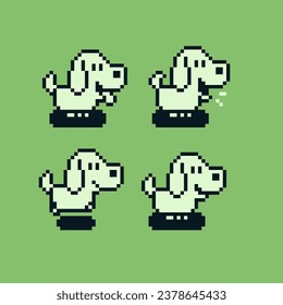 Cute dog pixel art puppy pet character, element design for logo of veterinary pet shop, sticker, mobile app, website. Video game sprite. Isolated vector illustration. 