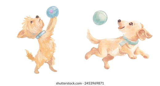 cute dog play the ball watercolor vector illustration 