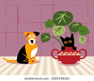 A cute dog and a playful cat, in a pot with a houseplant. Brown Jack Russell Terrier. Domestic animals play in the room. Friendly place for pets.