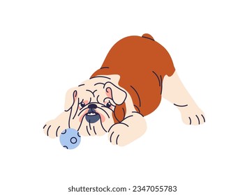 Cute dog playing with ball. Funny puppy, English bulldog breed. Active playful doggy having fun with canine animal toy. Amusing pup during game. Flat vector illustration isolated on white background