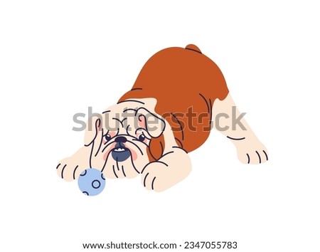 Cute dog playing with ball. Funny puppy, English bulldog breed. Active playful doggy having fun with canine animal toy. Amusing pup during game. Flat vector illustration isolated on white background