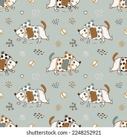 Cute Dog Playing with Ball. Seamless Pattern with Little Puppies. Vector Childish Background. Baby Funny Animal. Great for T-shirt Print Design for Kids.