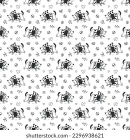 Cute Dog Playing with Ball. Seamless Pattern with Little Puppies. Vector Childish Black and White Background. Baby Funny Animal. Great for T-shirt Print Design for Kids