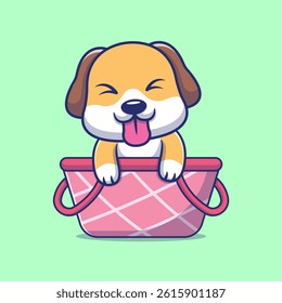 Cute Dog Playing In Basket Cartoon Vector Icon Illustration. Animal Nature Icon Concept Isolated Premium Vector. Flat Cartoon Style