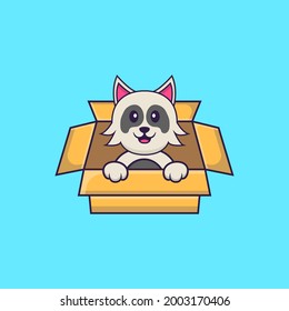 Cute dog Playing In Box. Animal cartoon concept isolated. Can used for t-shirt, greeting card, invitation card or mascot.