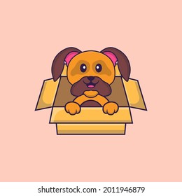 Cute dog Playing In Box. Animal cartoon concept isolated. Can used for t-shirt, greeting card, invitation card or mascot.