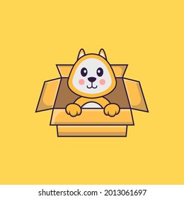 Cute dog Playing In Box. Animal cartoon concept isolated. Can used for t-shirt, greeting card, invitation card or mascot.