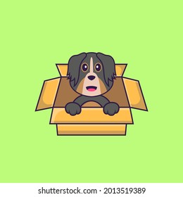 Cute dog Playing In Box. Animal cartoon concept isolated. Can used for t-shirt, greeting card, invitation card or mascot.