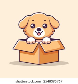 Cute Dog Playing In Box Cartoon Vector Icon Illustration. Animal Nature Icon Concept Isolated Premium Vector. Flat Cartoon Style