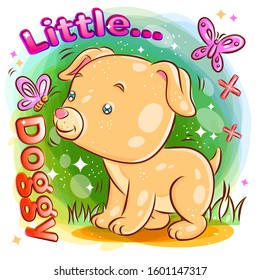 Cute Dog playing with Butterfly on the Garden.Colorful Cartoon Illustration. Vector eps.10
