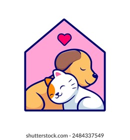 Cute Dog Playing With Cat Cartoon Vector Icon Illustration. Animal Nature Icon Concept Isolated Premium Vector. Flat Cartoon Style