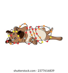 Cute dog playing with Christmas lights on white background