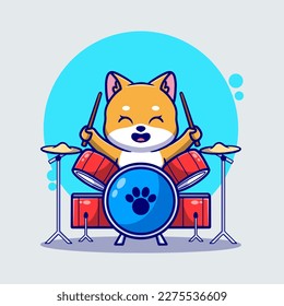 Cute dog playing drum cartoon icon illustration. funny character for stickers and business