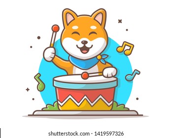 Cute Dog Playing Drum with Stick, Tune and Notes of Music Vector Illustration. Flat Cartoon Style Suitable for Web Landing Page,  Banner, Flyer, Sticker, Wallpaper, Card, Background