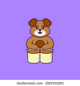 Cute dog is playing drums. Animal cartoon concept isolated. Can used for t-shirt, greeting card, invitation card or mascot.