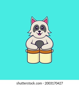 Cute dog is playing drums. Animal cartoon concept isolated. Can used for t-shirt, greeting card, invitation card or mascot.