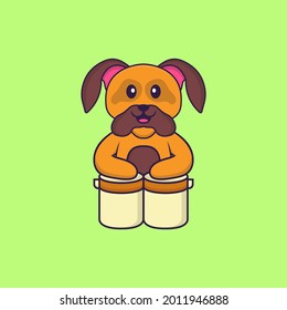 Cute dog is playing drums. Animal cartoon concept isolated. Can used for t-shirt, greeting card, invitation card or mascot.
