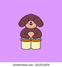 Cute dog is playing drums. Animal cartoon concept isolated. Can used for t-shirt, greeting card, invitation card or mascot.