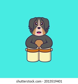 Cute dog is playing drums. Animal cartoon concept isolated. Can used for t-shirt, greeting card, invitation card or mascot.