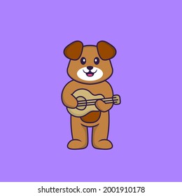 Cute dog playing guitar. Animal cartoon concept isolated. Can used for t-shirt, greeting card, invitation card or mascot.