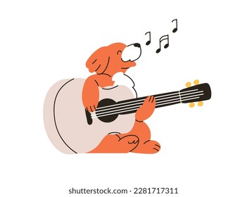 Cute dog playing guitar, performing music on string instrument. Funny doggy pet singing song. Talented puppy musician, little canine animal. Flat vector illustration isolated on white background