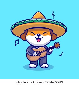 Cute Dog Playing Guitar With Sombrero Hat Cartoon Vector Icon Illustration. Animal Music Icon Concept Isolated Premium Vector. Flat Cartoon Style