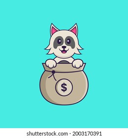 Cute dog playing in money bag. Animal cartoon concept isolated. Can used for t-shirt, greeting card, invitation card or mascot.