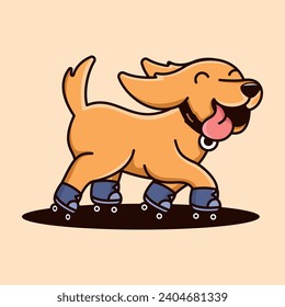 Cute dog playing roller skate cartoon character logo design template. Retriever cartoon dog logo.