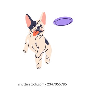 Cute dog playing, running and catching frisbee disc. Funny active puppy, French bulldog jumping for flying disk, canine animal toy. Flat graphic vector illustration isolated on white background