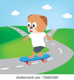 cute dog playing skate board, vector cartoon illustration
