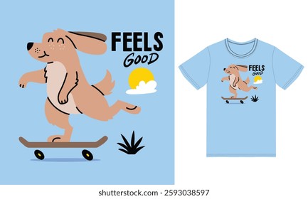 Cute dog playing skateboard illustration with tshirt design vector the Concept of Isolated Technology. Flat Cartoon Style Suitable for Landing Web Pages,T shirt, Flyers, Stickers