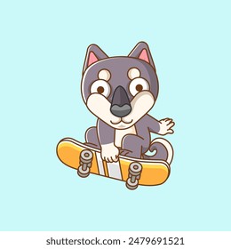 a Cute dog Playing Skateboard trick animal kawaii chibi character mascot illustration outline style