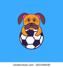 Cute dog playing soccer. Animal cartoon concept isolated. Can used for t-shirt, greeting card, invitation card or mascot.