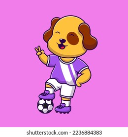 Cute Dog Playing Soccer Ball With Peace Hand Cartoon Vector Icons Illustration. Flat Cartoon Concept. Suitable for any creative project.
