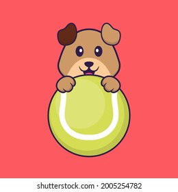 Cute dog playing tennis. Animal cartoon concept isolated. Can used for t-shirt, greeting card, invitation card or mascot.