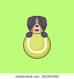Cute dog playing tennis. Animal cartoon concept isolated. Can used for t-shirt, greeting card, invitation card or mascot.
