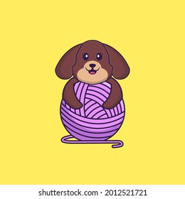 Cute dog playing with wool yarn. Animal cartoon concept isolated. Can used for t-shirt, greeting card, invitation card or mascot.