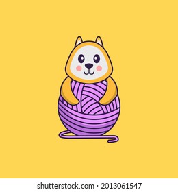 Cute dog playing with wool yarn. Animal cartoon concept isolated. Can used for t-shirt, greeting card, invitation card or mascot.