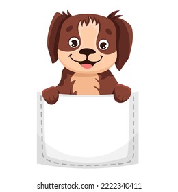 Cute dog in a pocket. Kawaii funny and happy puppy for t-shirt design, kids printing, baby shower invitation. Vector cartoon illustration