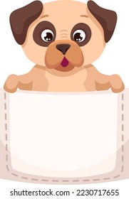 Cute dog in a pocket. Kawaii funny and happy puppy for t-shirt design, kids printing, baby shower invitation. Vector cartoon illustration