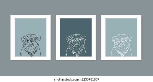 Cute dog portrait, animal continuous line drawing elements set. Serious buldog background decorative element. Vector illustration of pastel color in trendy outline style. Wall art minimalist canvas.