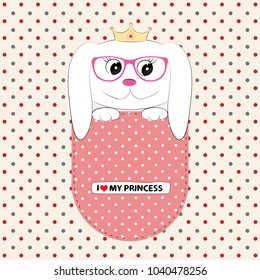 Cute dog princess in the pocket. Graphics for t-shirts. Greeting card. 