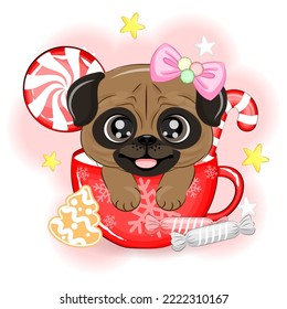 Cute dog pug in a bowl of candy Christmas vector illustration