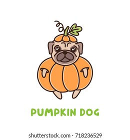 Perro de raza pug con traje de calabaza. Se puede utilizar para pegatinas, parches, estuches de teléfono, afiches, camisetas, tazas y otros diseños. Por Acción de Gracias o Halloween.