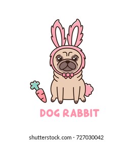 Cute dog of pug breed in a rabbit costume. It can be used for greeting card for Easter, sticker, patch, phone case, poster, t-shirt, mug and other design.